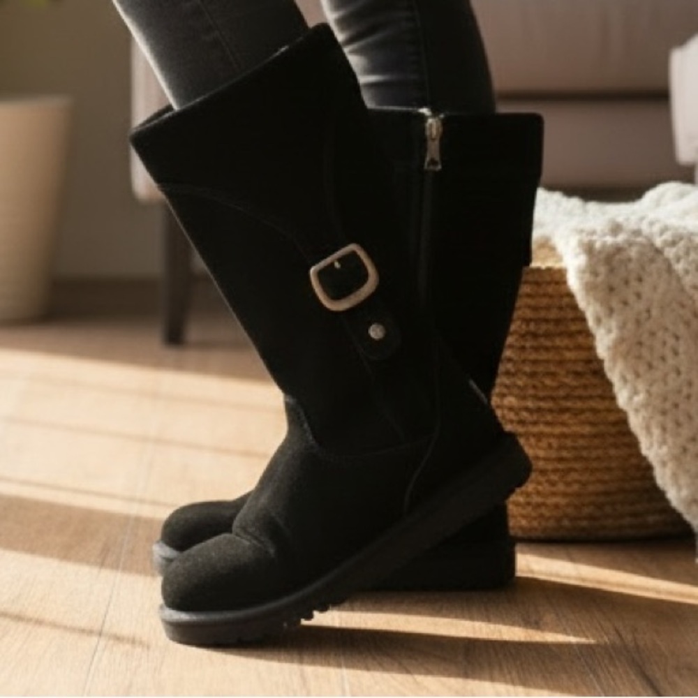 UGG black boots, size 7, lamb skin lined, inner zippers, and buckle on o…